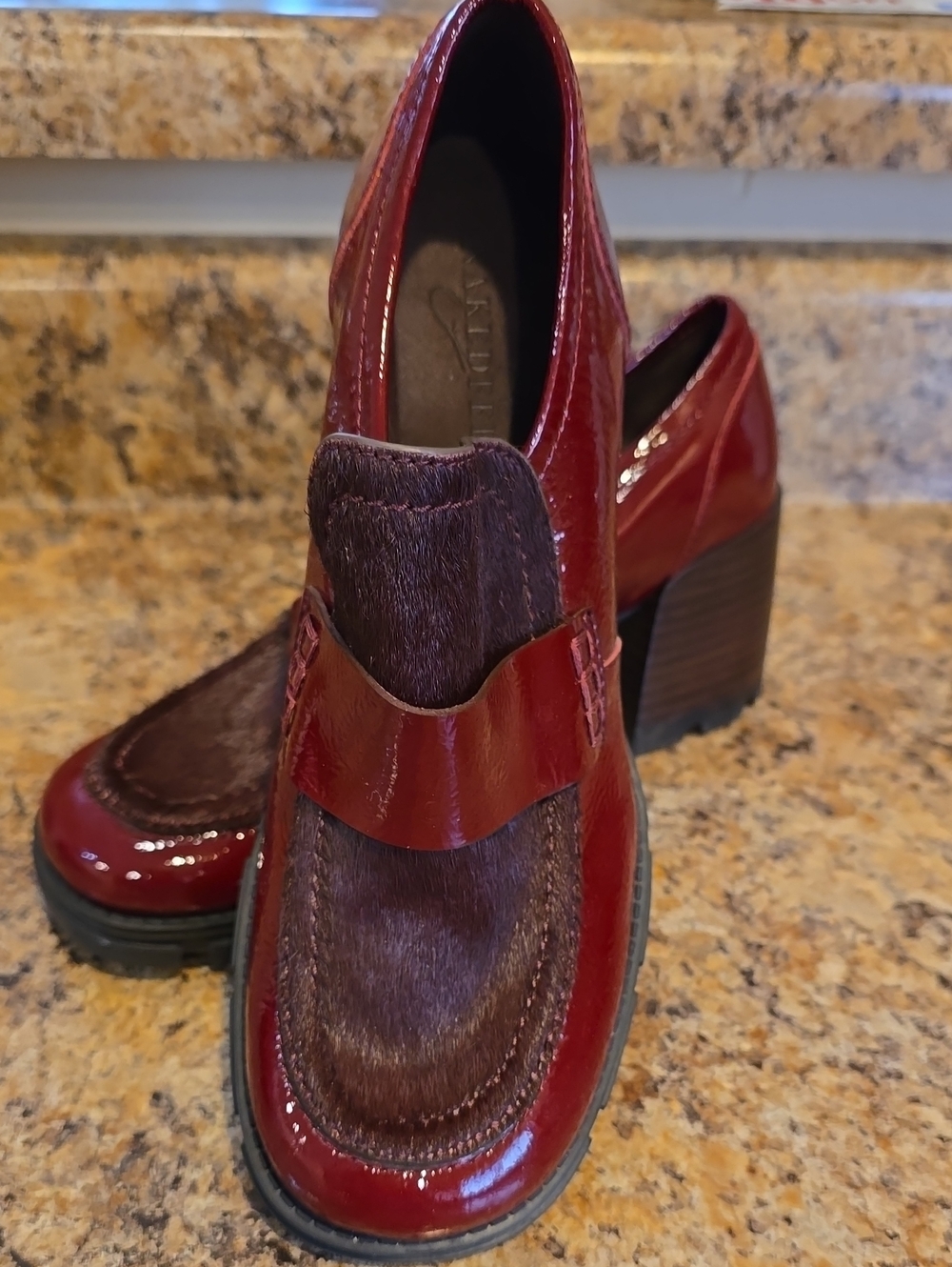 NWT Womens Size 6 Naked Feet Wine Patent & Brown Ponyhair Block Heel Loafers